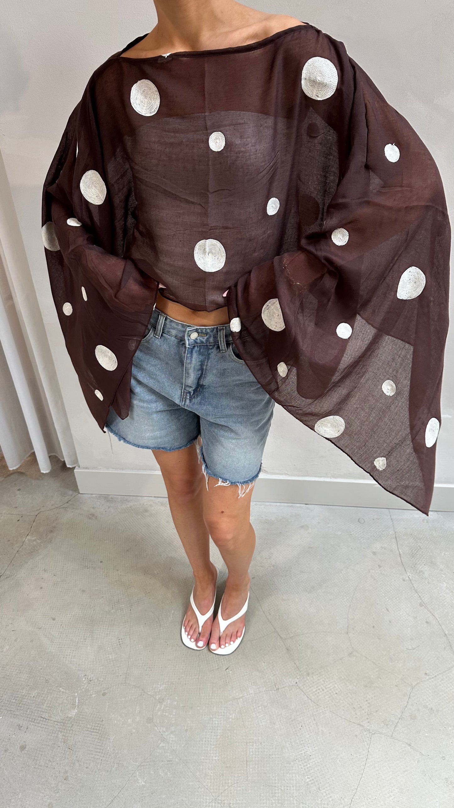 Polka dot butterfly sleeve blouse brown - Upcycled by UME