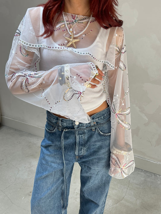 Shimmering White butterfly sleeve blouse - Upcycled by UME