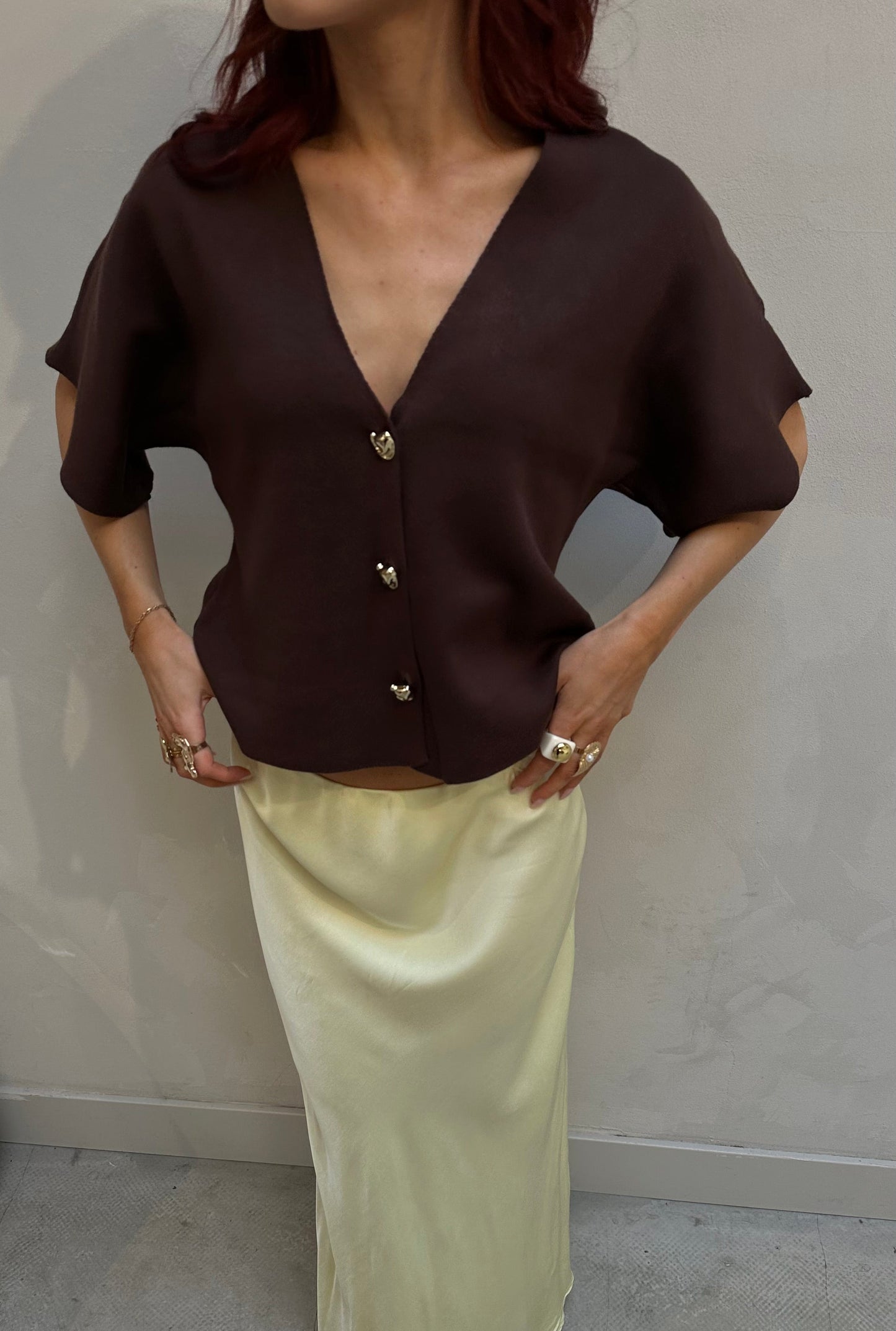 Brown top with gold buttons - Curated by ume