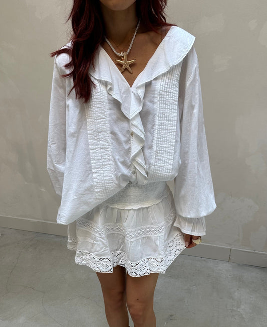 Ruffle long sleeve blouse white - Curated by UME
