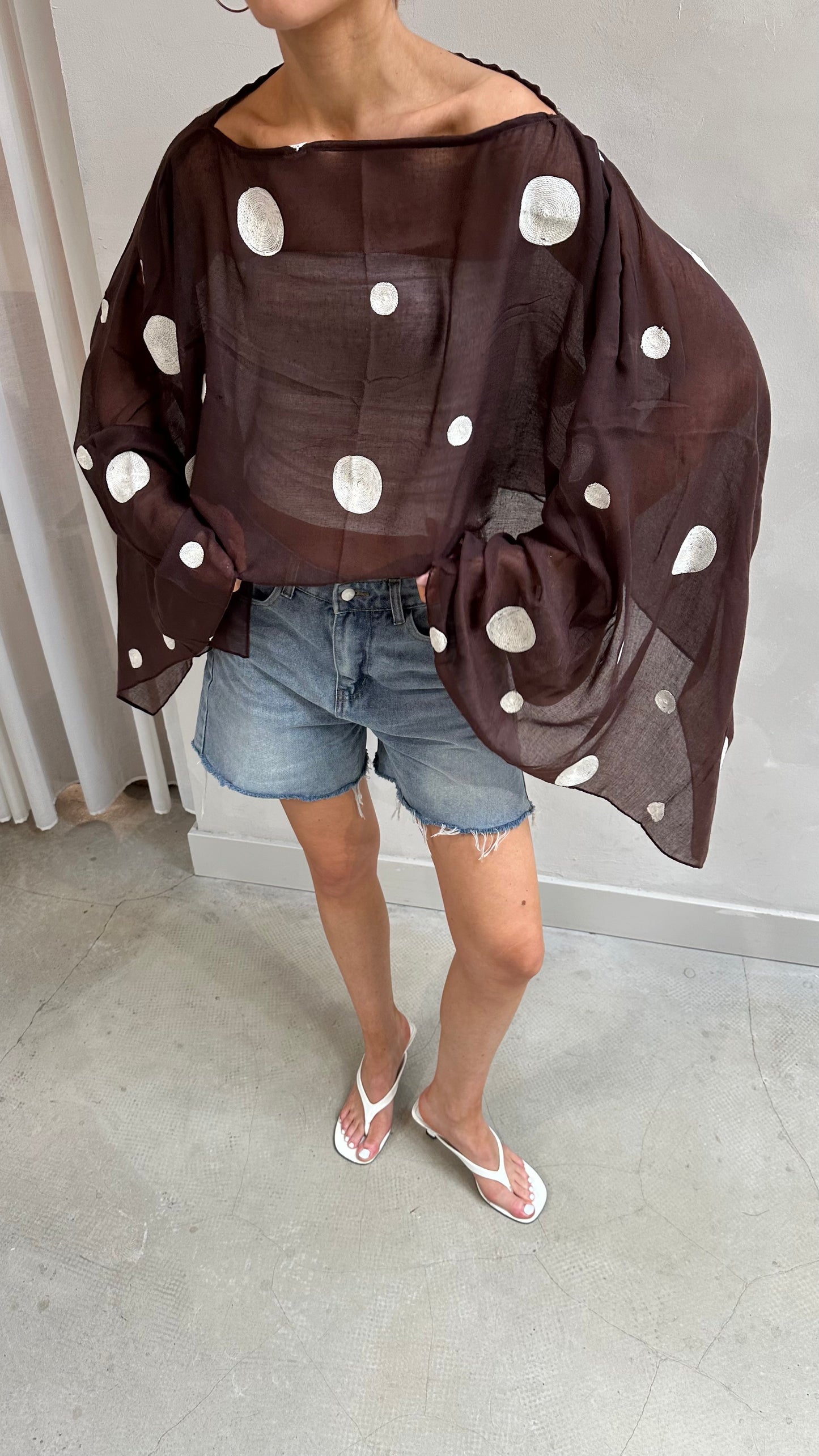 Polka dot butterfly sleeve blouse brown - Upcycled by UME