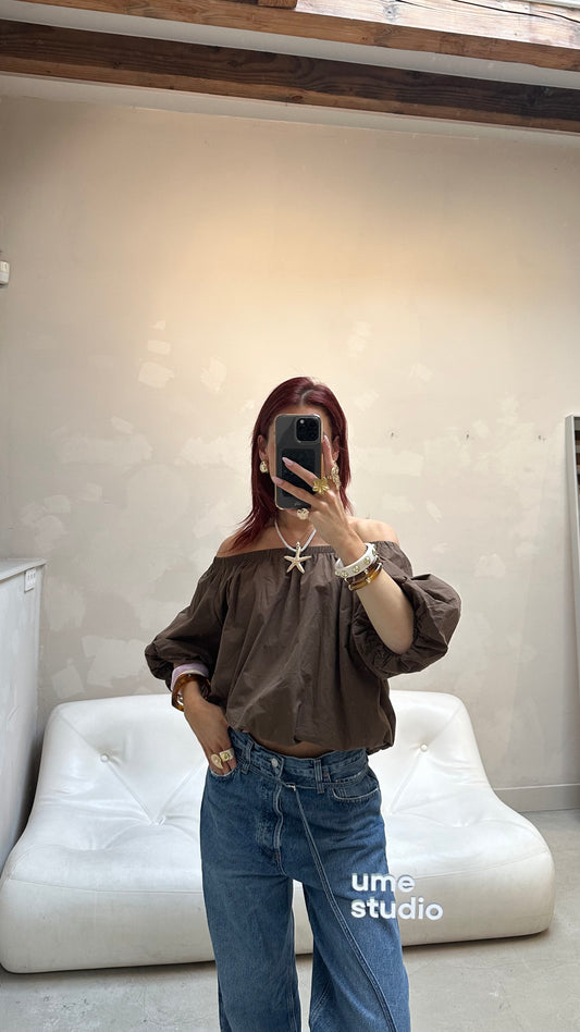 Off- shoulder balloon top Brown - Curated by UME