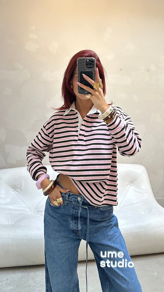 Striped polo pink & brown - Curated by UME