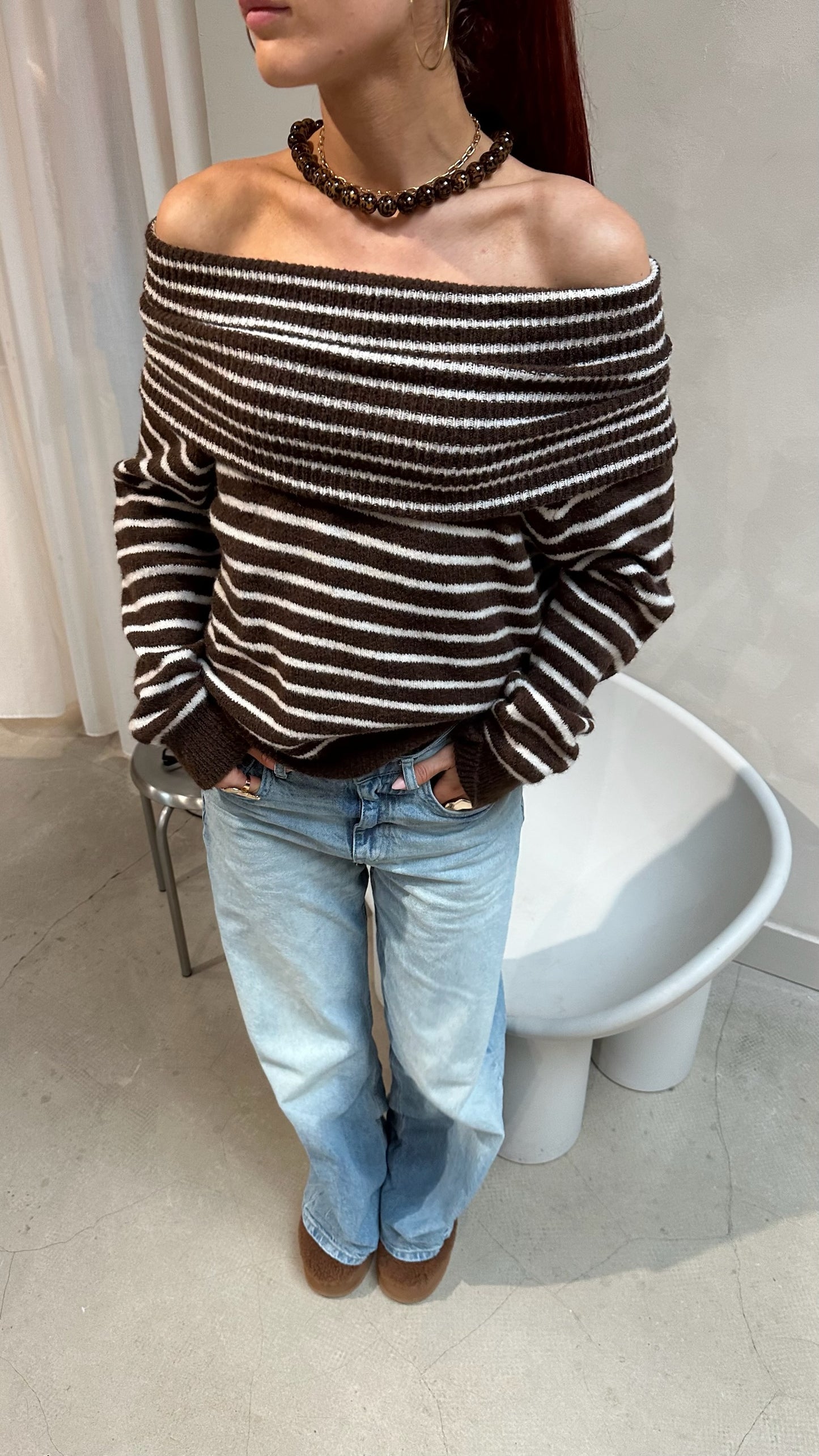 Off The Shoulder Sweater Brown - Curated By Ume