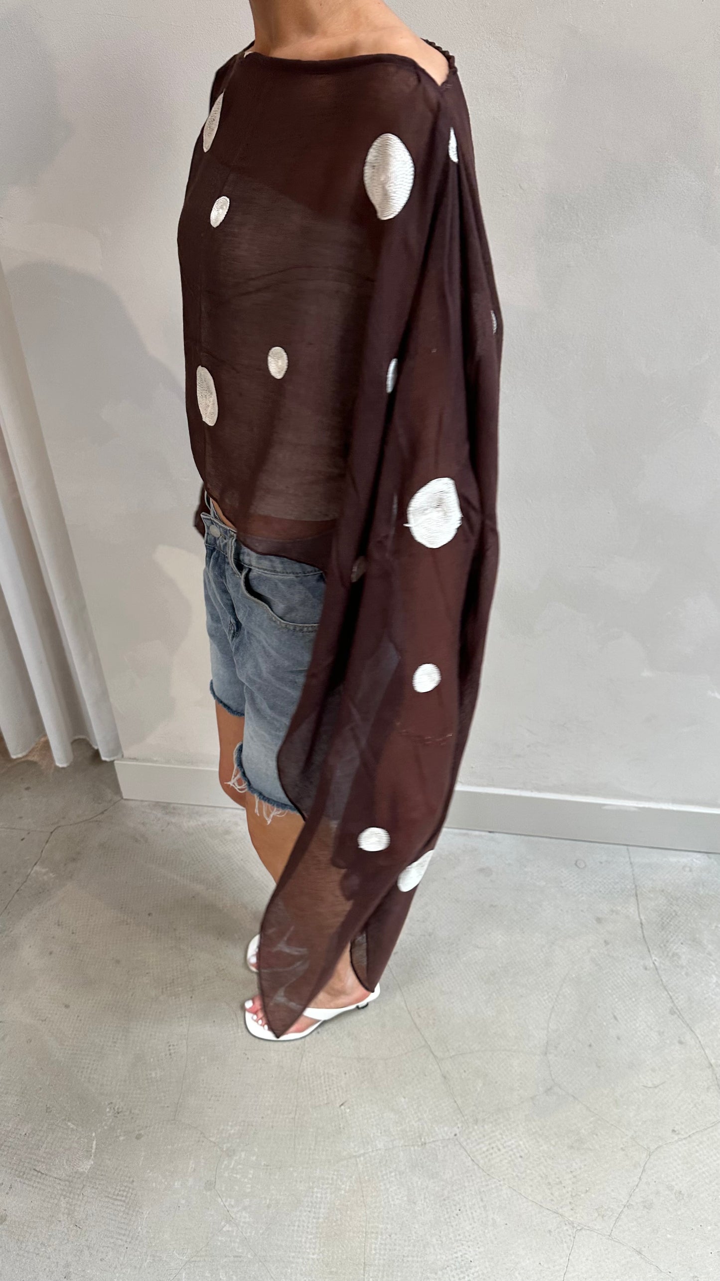 Polka dot butterfly sleeve blouse brown - Upcycled by UME