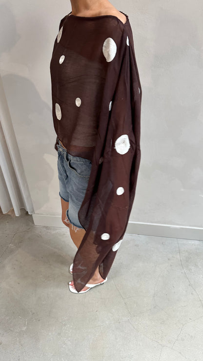 Polka dot butterfly sleeve blouse brown - Upcycled by UME