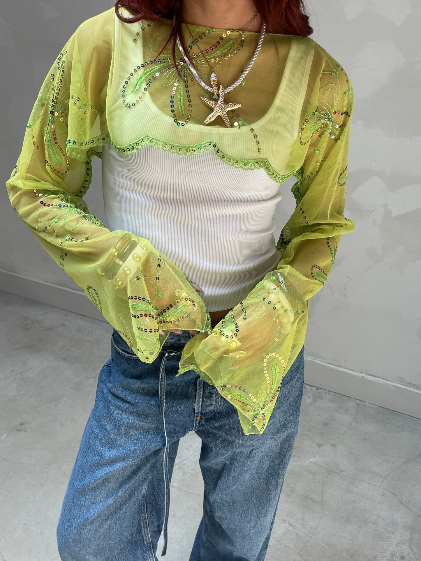 Shimmering Green butterfly sleeve blouse - Upcycled by UME