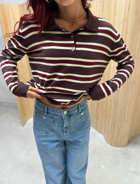 Striped polo burgundy & brown - Curated by UME