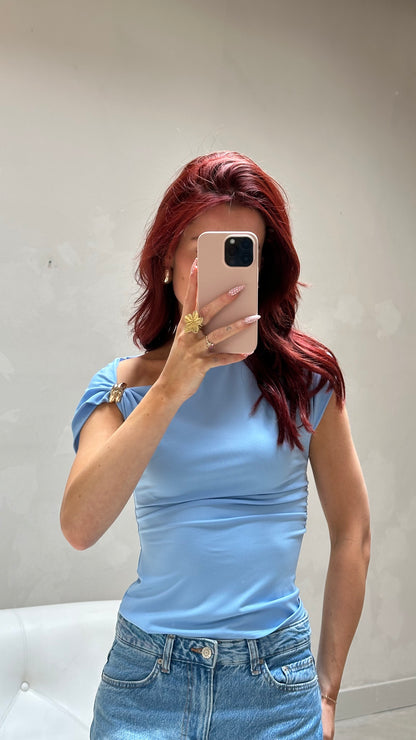 Asymmetrical off-shoulder top baby blue - Curated by UME