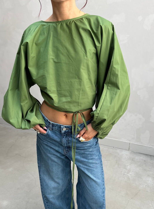 Backless balloon sleeve blouse Green - Curated by UME