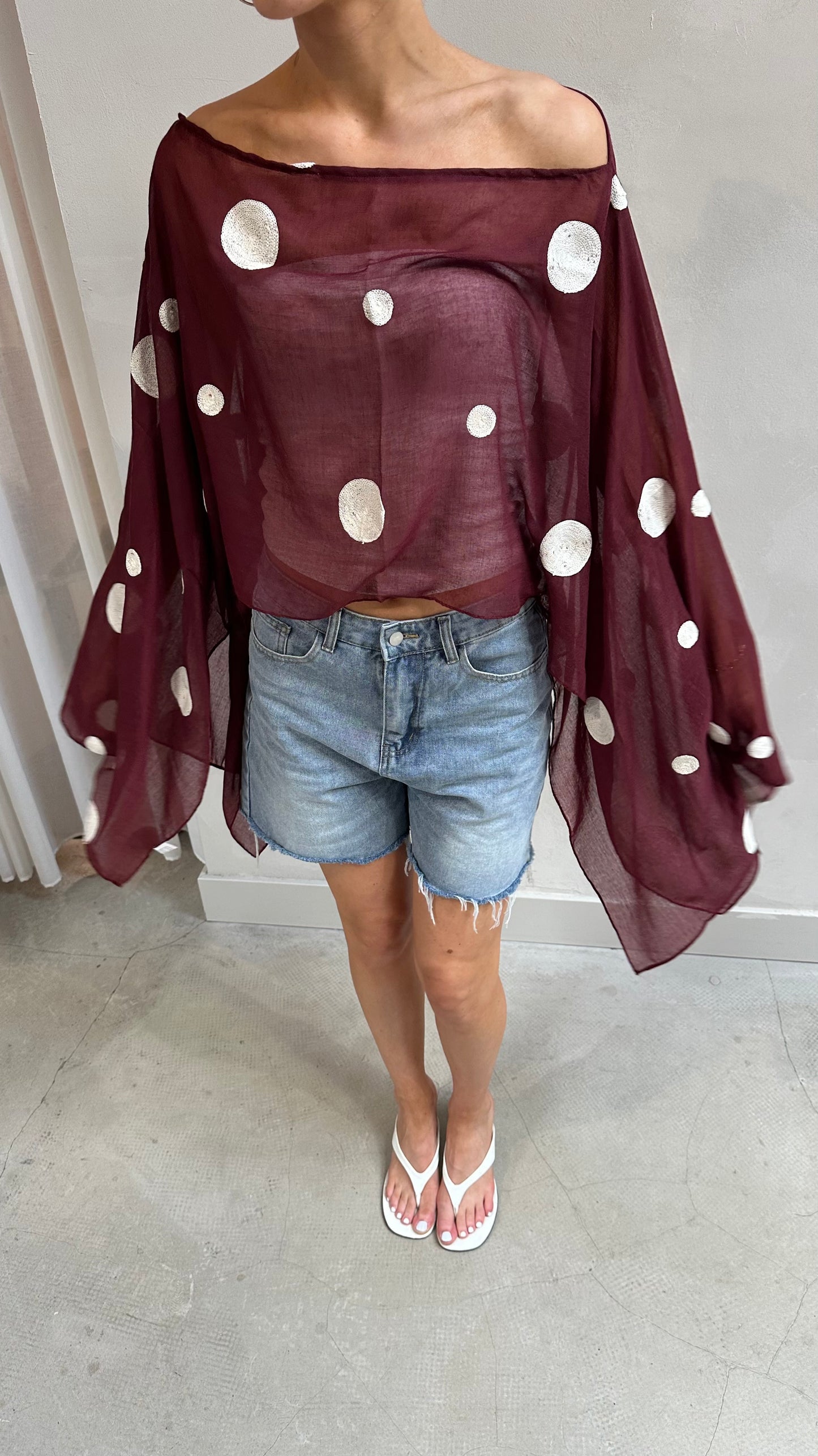 Polka dot butterfly sleeve blouse Burgundy - Upcycled by UME