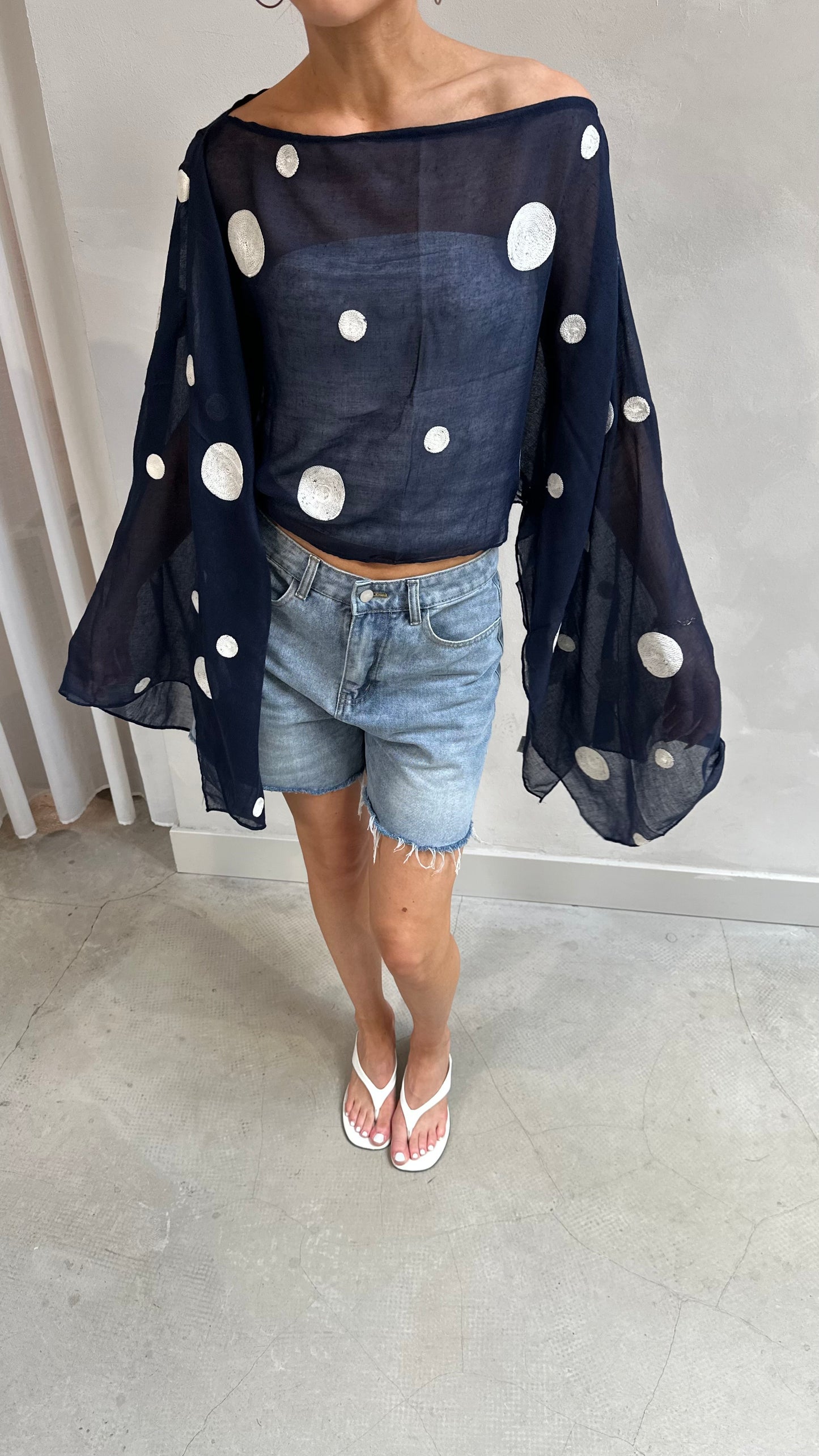 Polka dot butterfly sleeve blouse midnight Blue - Upcycled by UME