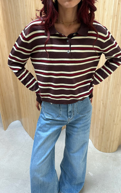 Striped polo burgundy & brown - Curated by UME