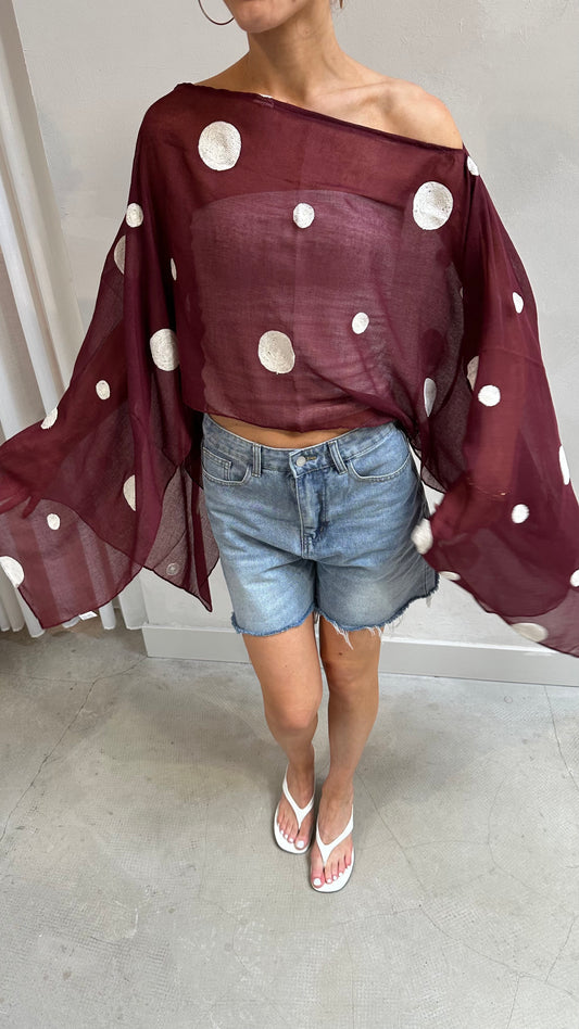 Polka dot butterfly sleeve blouse Burgundy - Upcycled by UME