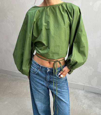 Backless balloon sleeve blouse Green - Curated by UME