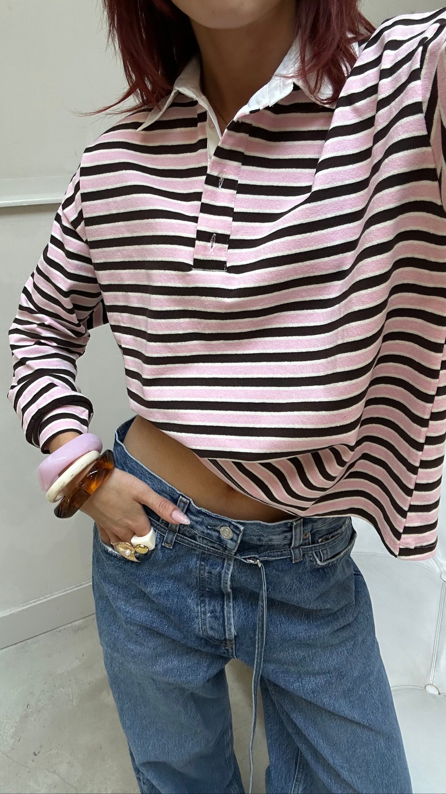 Striped polo pink & brown - Curated by UME
