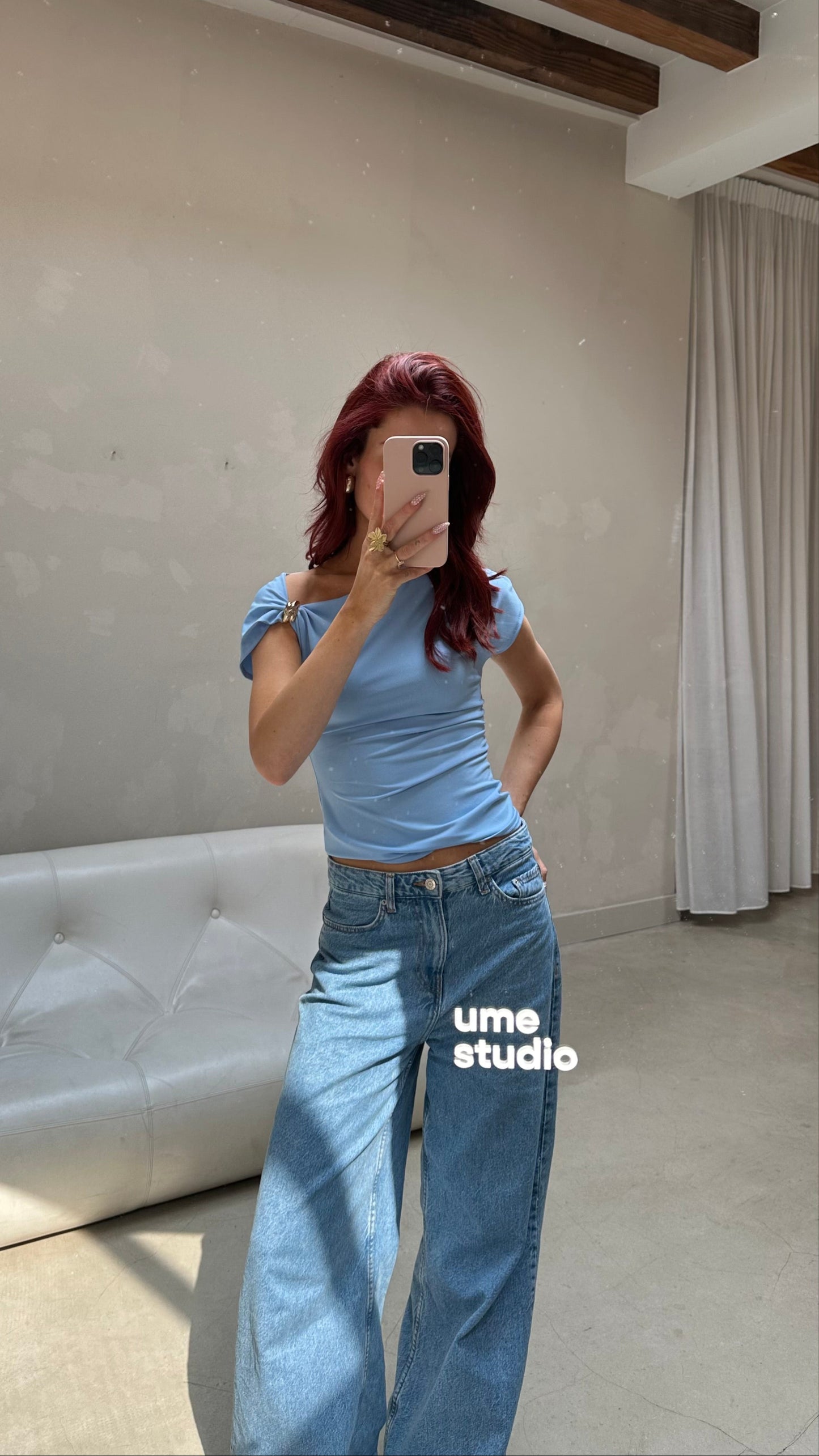 Asymmetrical off-shoulder top baby blue - Curated by UME