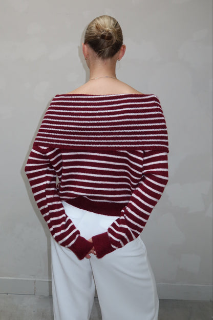 Off the Shoulder Burgundy Knitted Sweater - Curated by ume
