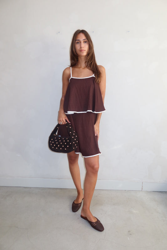 Brown layerd ruffle dress  - Curated by ume