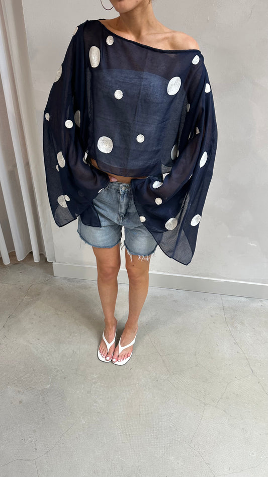 Polka dot butterfly sleeve blouse midnight Blue - Upcycled by UME