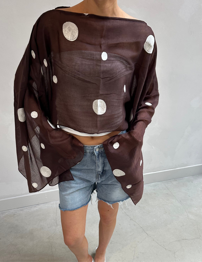 Polka dot butterfly sleeve blouse brown - Upcycled by UME