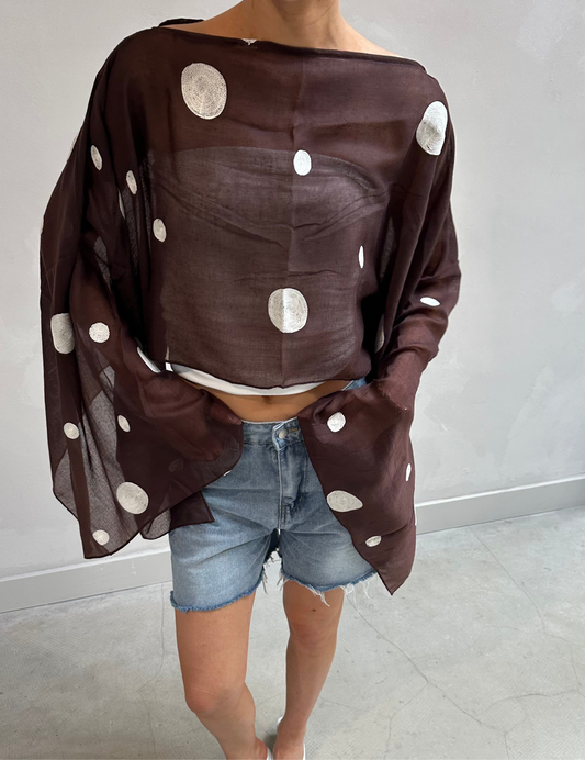 Polka dot butterfly sleeve blouse brown - Upcycled by UME