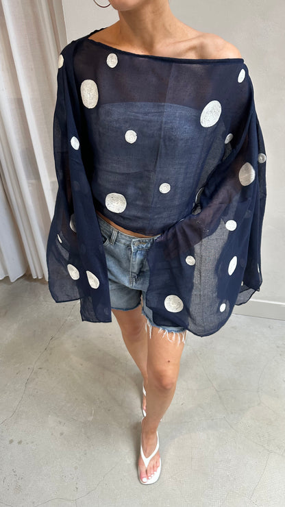 Polka dot butterfly sleeve blouse midnight Blue - Upcycled by UME