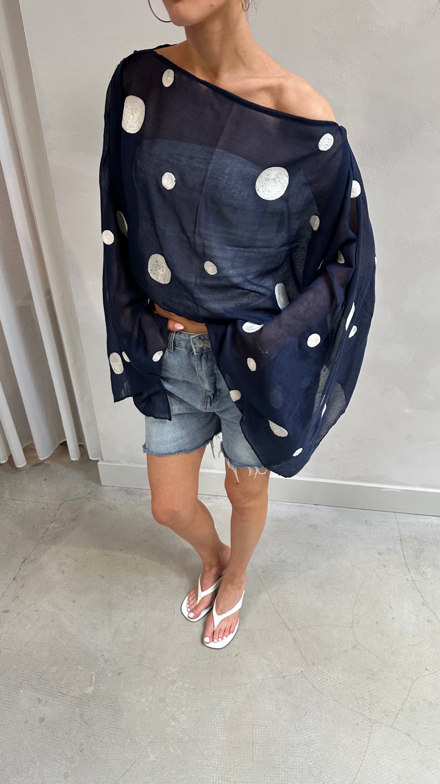 Polka dot butterfly sleeve blouse midnight Blue - Upcycled by UME