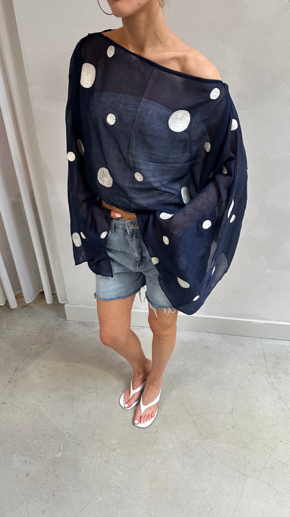 Polka dot butterfly sleeve blouse midnight Blue - Upcycled by UME