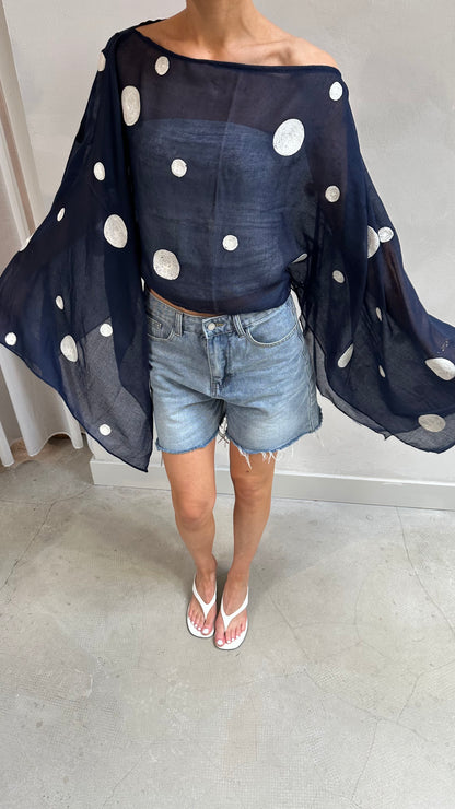 Polka dot butterfly sleeve blouse midnight Blue - Upcycled by UME