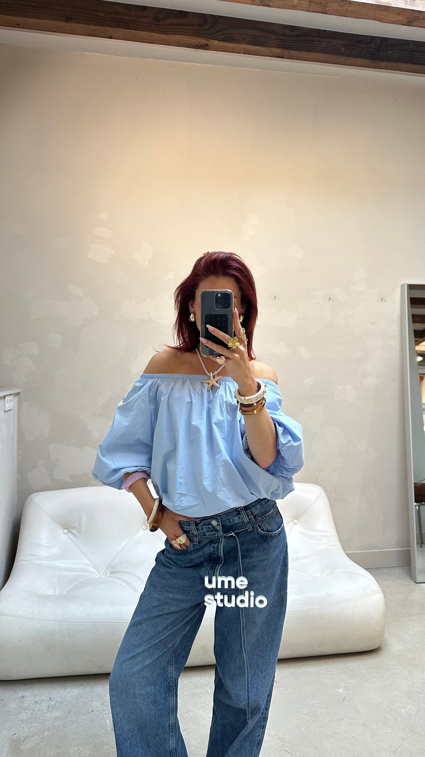 Off- shoulder balloon top baby blue - Curated by UME
