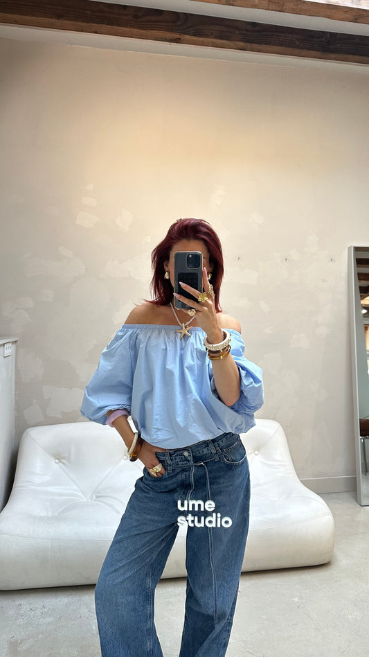 Off- shoulder balloon top baby blue - Curated by UME