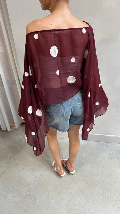 Polka dot butterfly sleeve blouse Burgundy - Upcycled by UME