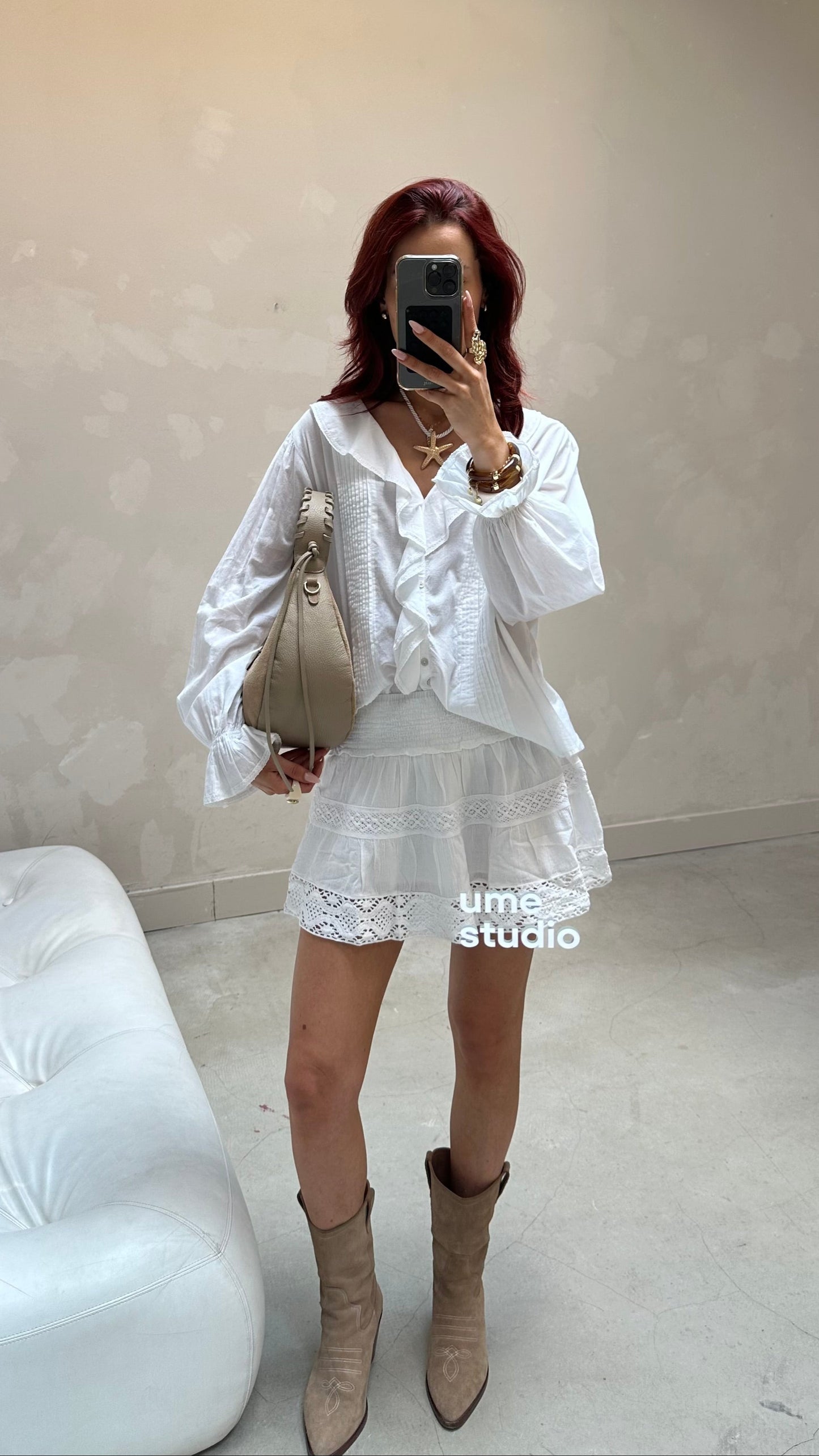 Ruffle long sleeve blouse white - Curated by UME