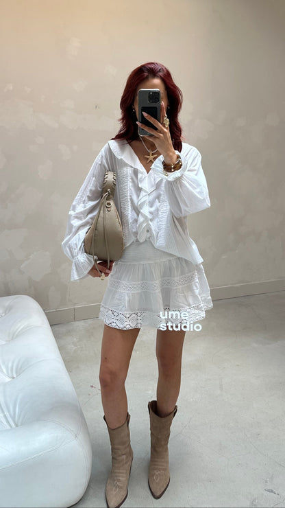 Ruffle long sleeve blouse white - Curated by UME