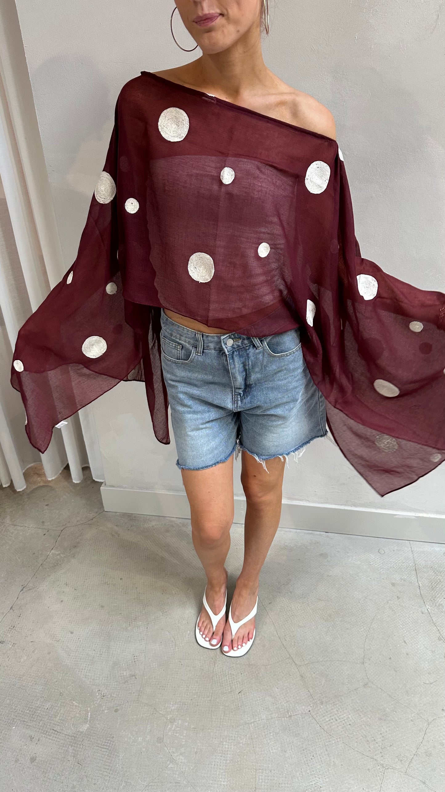 Polka dot butterfly sleeve blouse Burgundy - Upcycled by UME