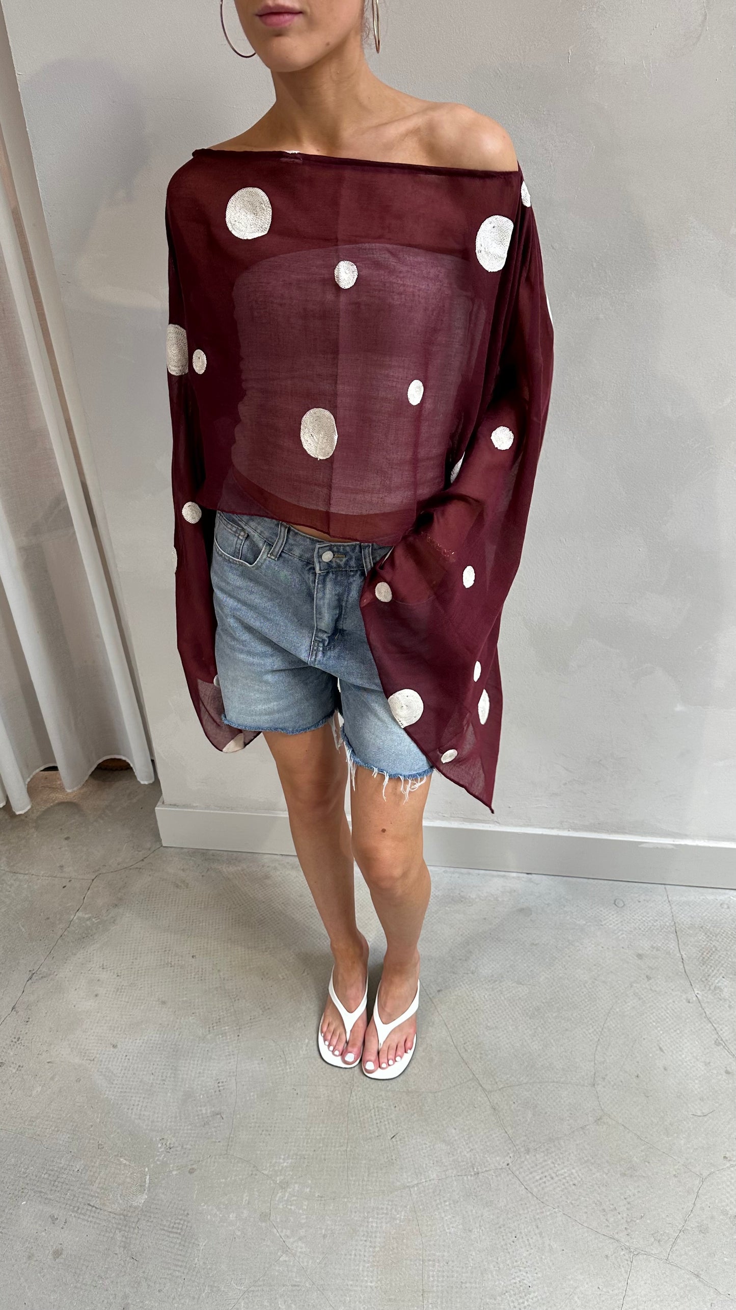Polka dot butterfly sleeve blouse Burgundy - Upcycled by UME