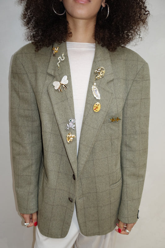 Green Checkerd Broche Blazer - Upcycled By UME