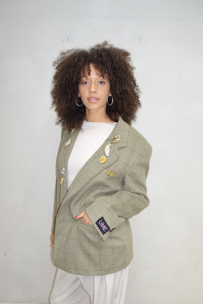 Green Checkerd Broche Blazer - Upcycled By UME