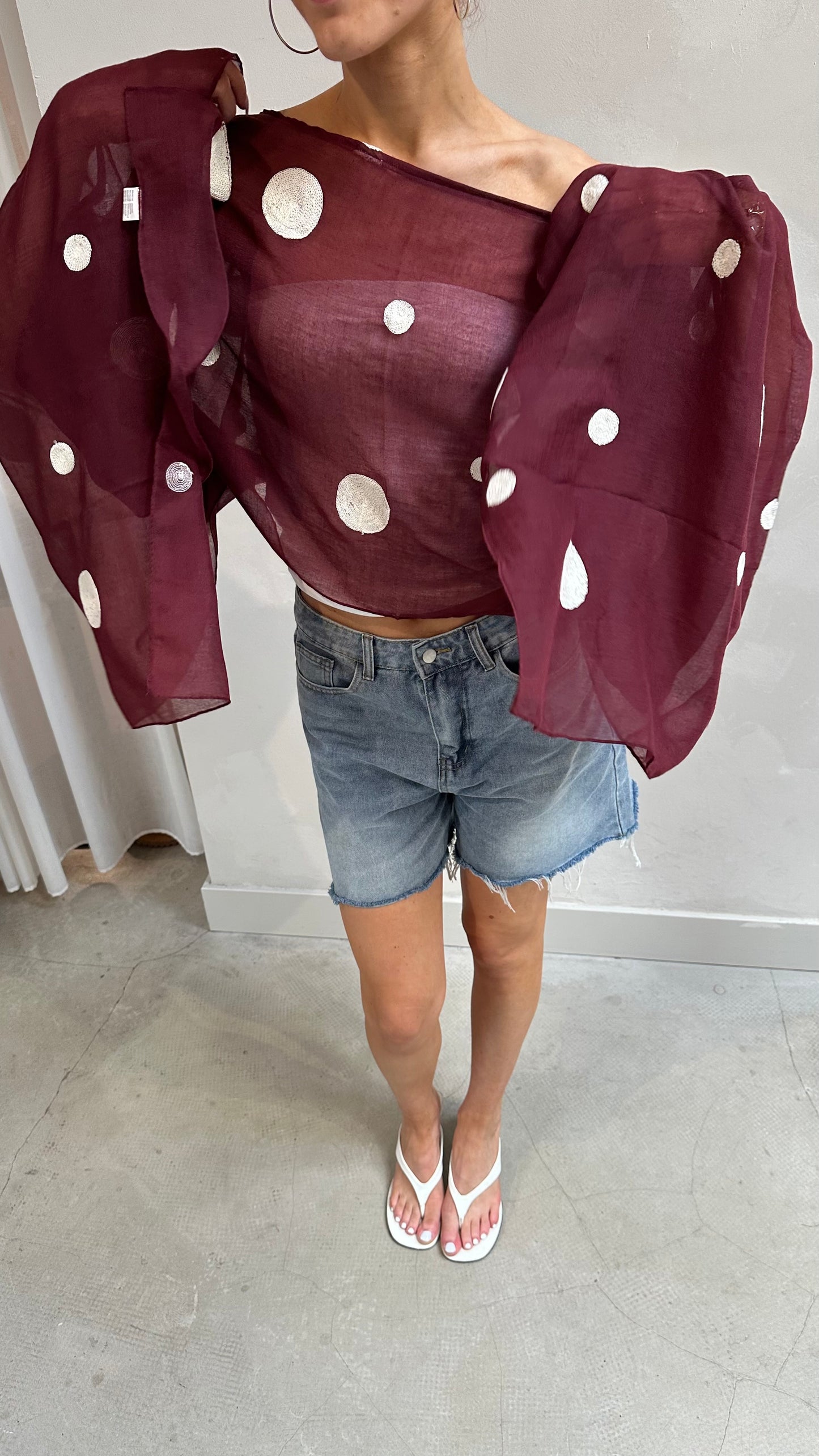 Polka dot butterfly sleeve blouse Burgundy - Upcycled by UME