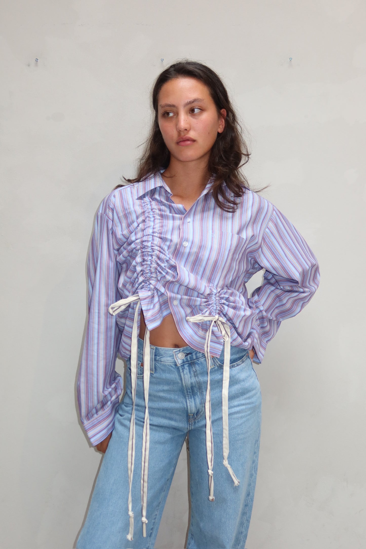 Purple striped lace string blouse - Upcycled by UME