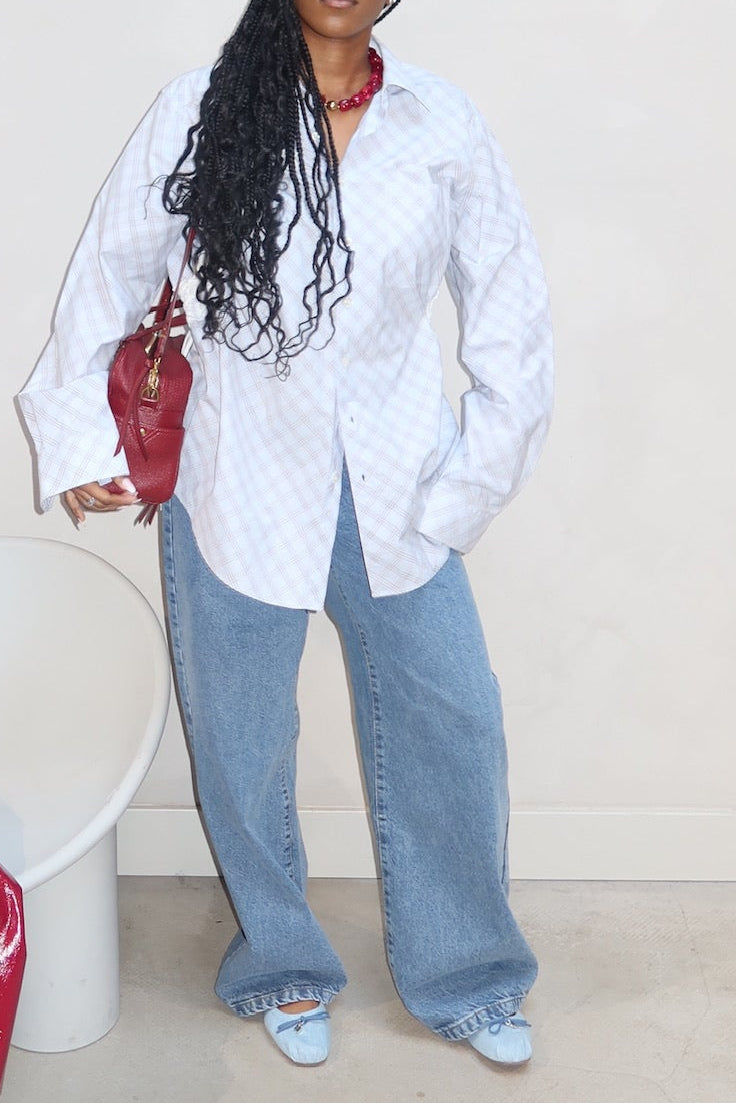 Checkerd Blouse Lace Blue - Upcycled By UME - UME STUDIO