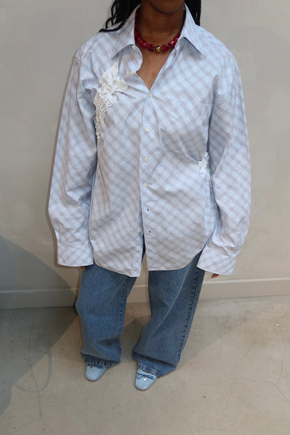 Checkerd Blouse Lace Blue - Upcycled By UME - UME STUDIO